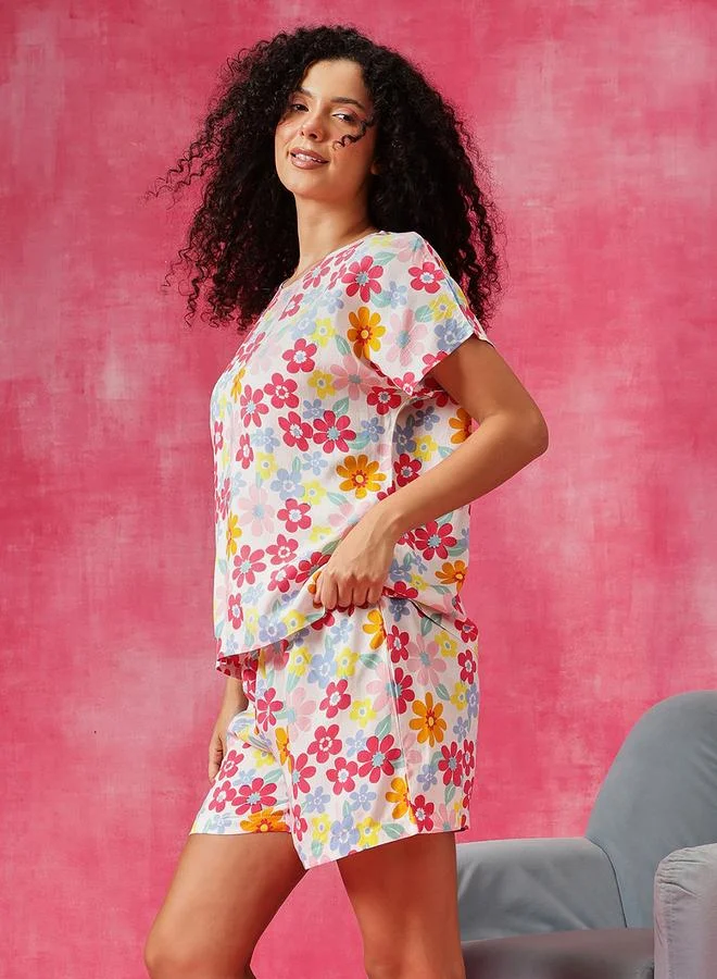 Clovia Floral Print T-Shirt and Shorts Set